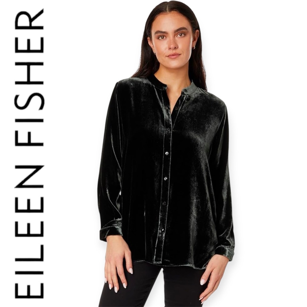 NWT Eileen Fisher Mandarin Collar Long Shirt Silk Ivy Crushed Velvet PL Petite L - Picture 1 of 16